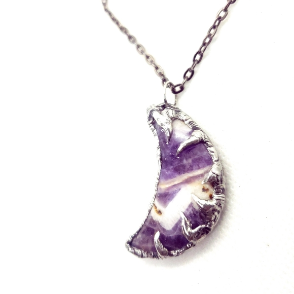Chevron amethyst moon crystal necklace handmade gothic fantasy metalwork - Picture 8 of 16